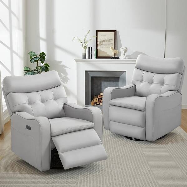 Power Recliner Light Grey Faux Leather Swivel Base Tufted Back