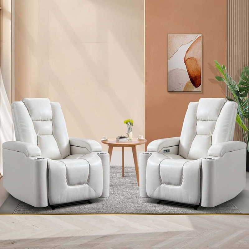 Power Recliner Set with Cup Holders, Bright White Home Theater Chairs
