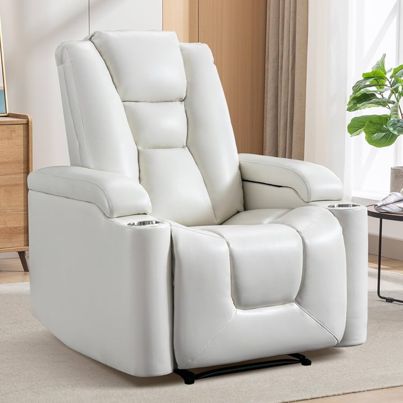 Power Recliner with Cup Holders, Overstuffed Cream Leather Theater Seating