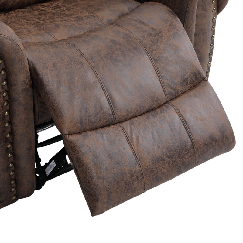 Power Recliner with Weathered Brown Faux Leather and Padded Footrest