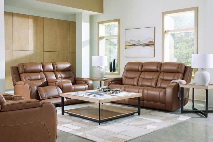 Power Reclining Living Room Set Caramel Leather-Like Console