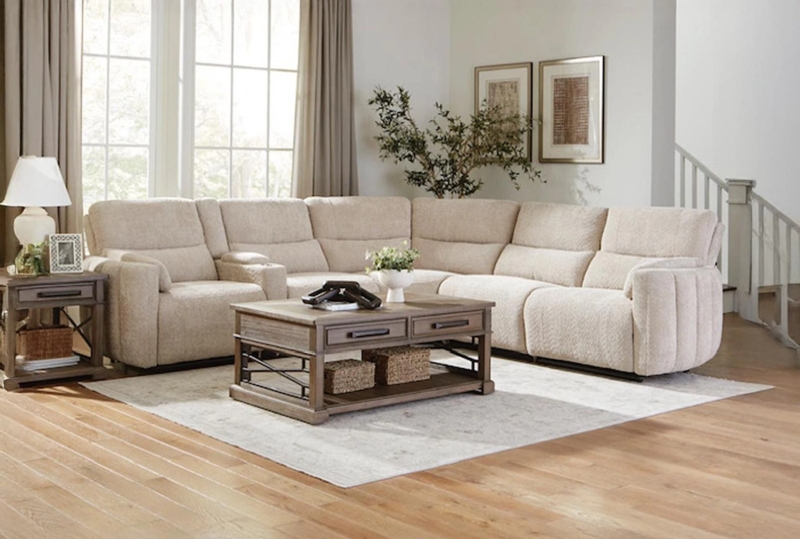Power Reclining Sectional Sofa in Buttercream Beige Fabric with Console