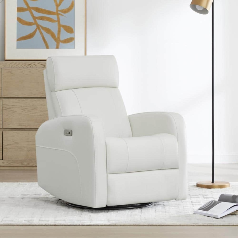 Power Swivel Glider Recliner, Tiered Backrest, White Leather Motion Chair