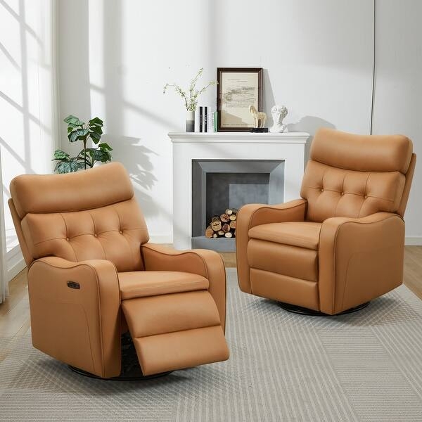 Power Swivel Recliner Caramel Faux Leather Tufted Back Modern Style