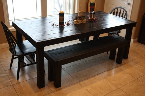 Primitive Farmhouse Dining Table Set Black Plank Top Block Legs