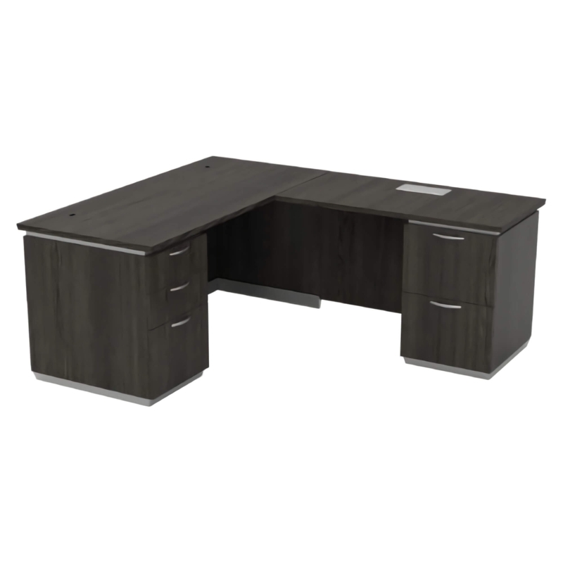 Professional L-Shaped Executive Desk, Charcoal Wood Grain, Silver Trim