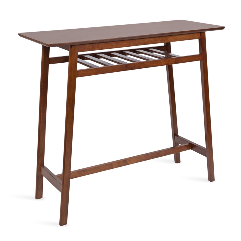 Pub Table Walnut Slatted Storage Shelf Tapered Legs Bar Height