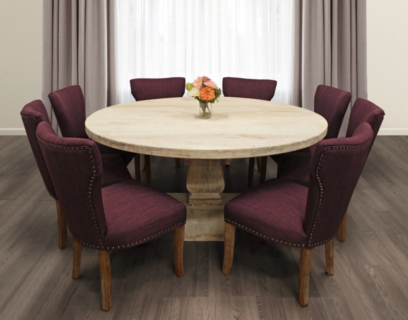 Purple Linen Dining Chairs Set: Round Whitewashed Pedestal Table, 9 Piece