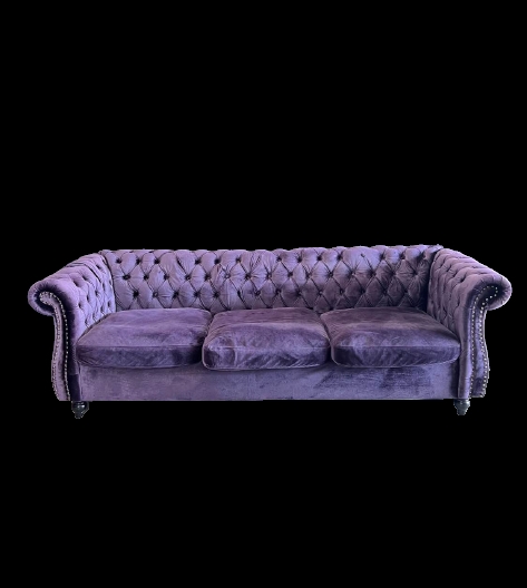 Purple Velvet Chesterfield Sofa with Deep Button Tufting and Bun Feet