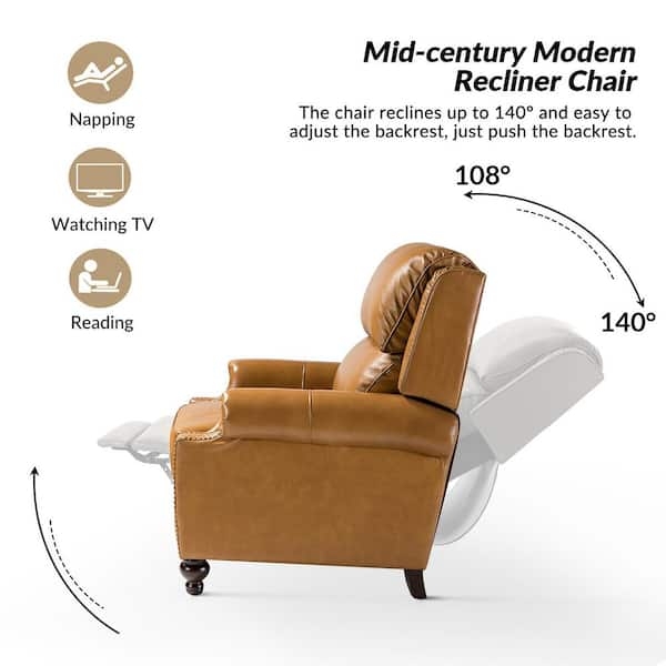 Push Back Recliner Chair, Camel Leather-Like, Tapered Birch Legs