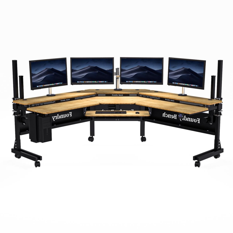 Quad Monitor Workstation Corner Standing Desk with Multi-Tier Layout