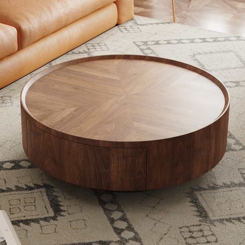 Radial Veneer Wood Table, Walnut Drum with Integrated Drawer