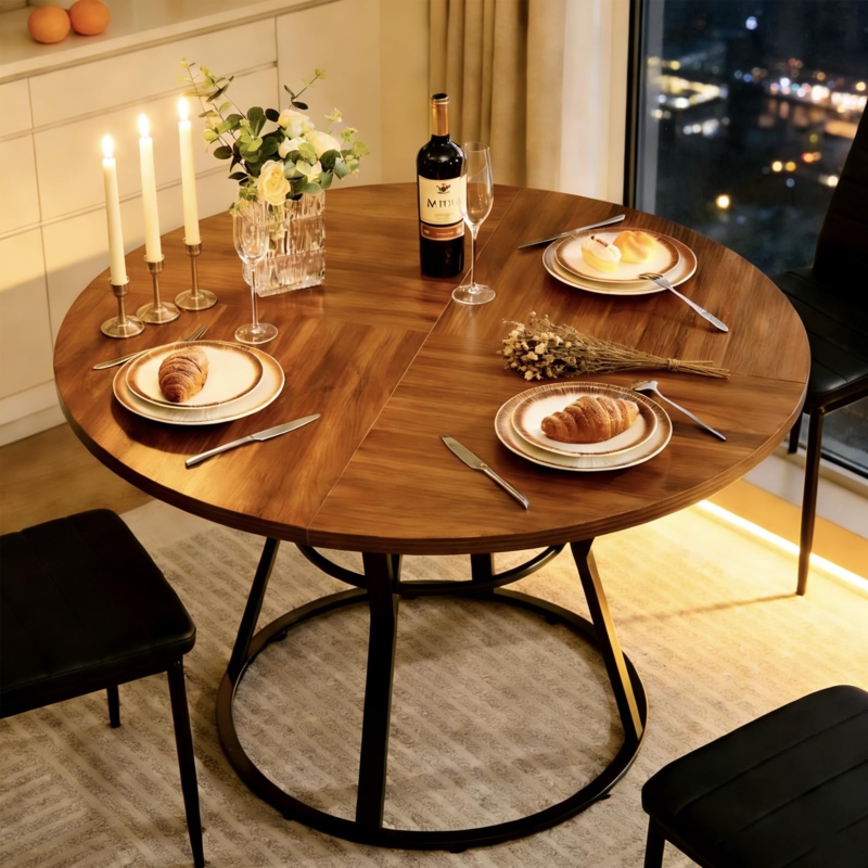 Radial Wood Grain Dining Table with Cross Leg Base, Wood and Metal Circle