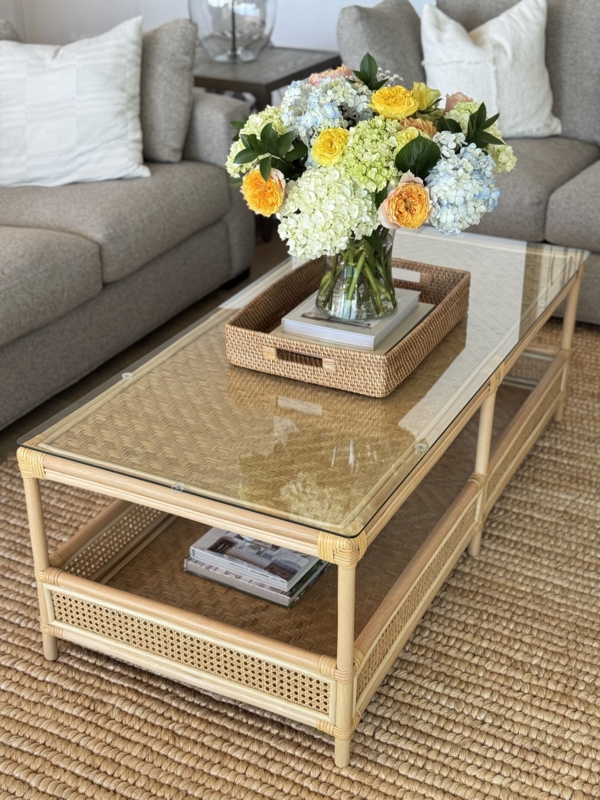 Rattan Coffee Table Two Tier Glass Top Cane Mesh Shelf