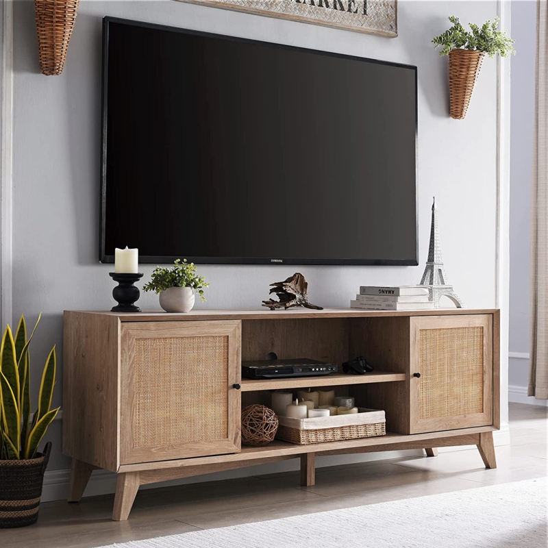 Rattan Door TV Stand Light Oak Tapered Mid-Century Legs Boho
