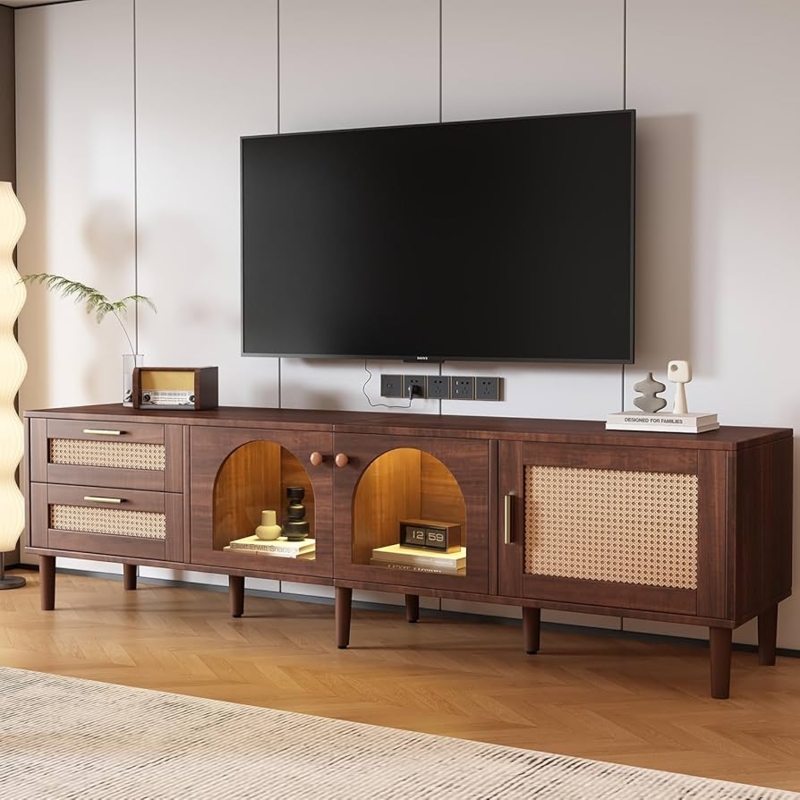 Rattan TV Stand Arched Glass Doors Internal LED Lighting Console