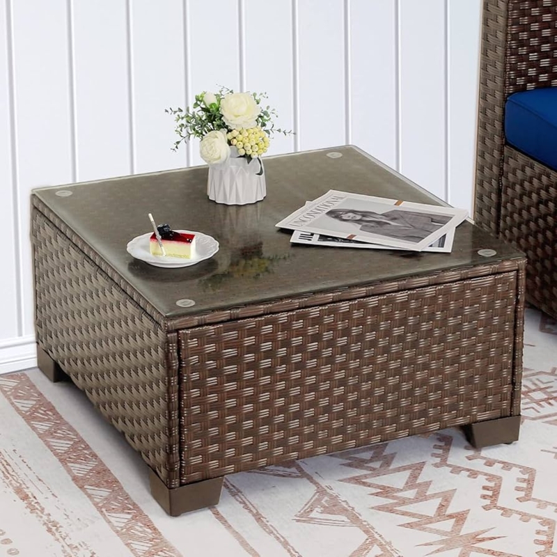 Rattaner Patio Furniture Wicker Coffee Table Outdoor Garden Square Side  Table with Tempered Glass Top Brown : Patio, Lawn & Garden -
