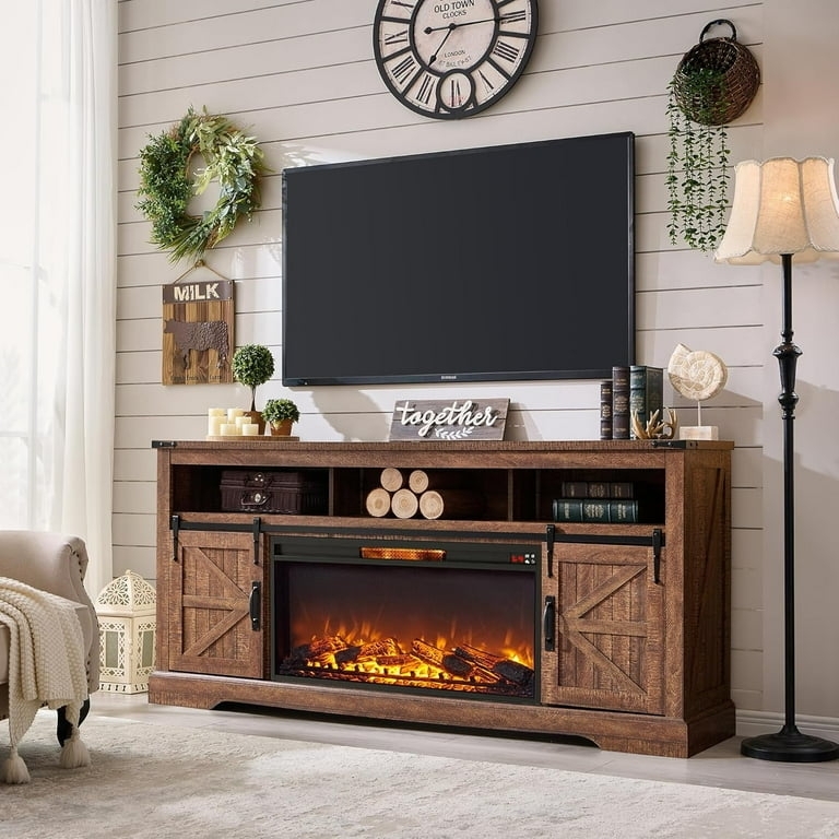 Reclaimed Barnwood Fireplace TV Stand Highboy Sliding Barn Doors