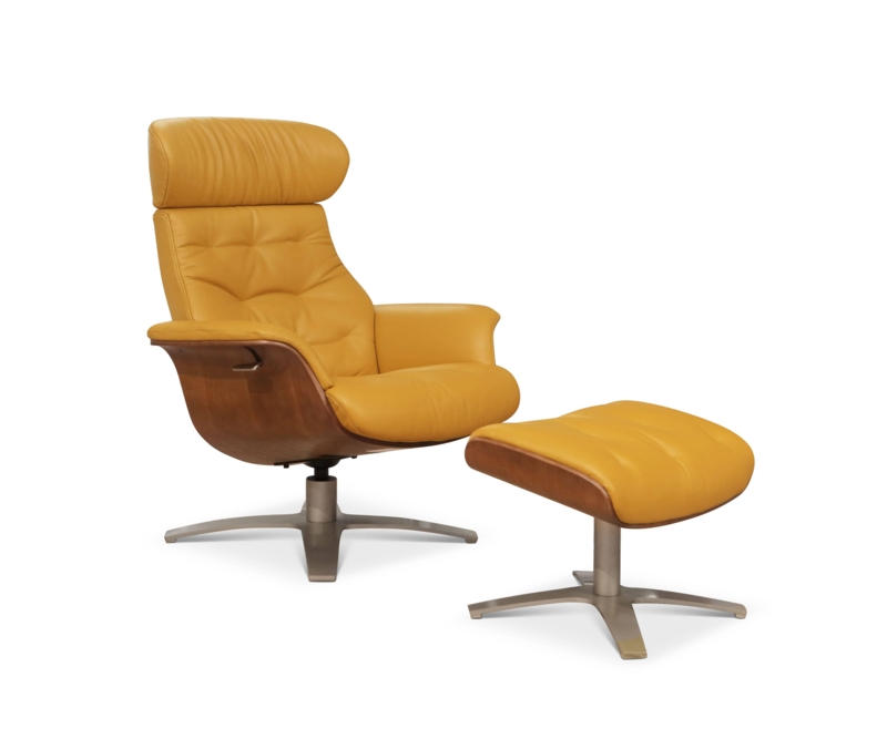 Recliner and Ottoman Set: Mustard Yellow Leather with Wood Shell Base