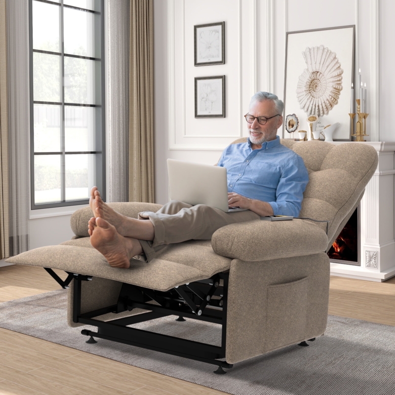 Recliner Beige Chenille Fabric with Motorized Lift Base