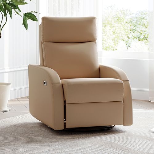 Recliner, Beige Leather-Like Power Swivel, Modern Minimalist Style