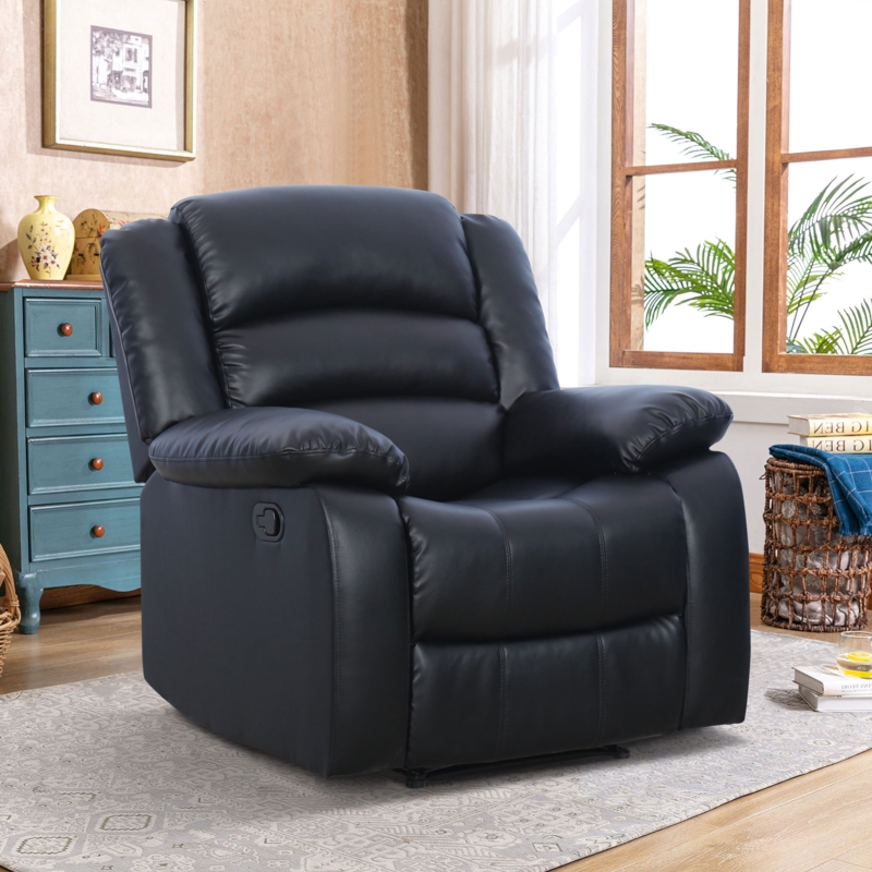 Recliner Black Faux Leather Channeled Back Overstuffed Manual Armchair