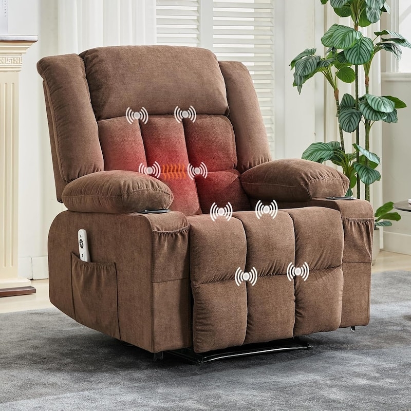 Recliner Chair Brown Fabric with Plush Segmentation and Massage