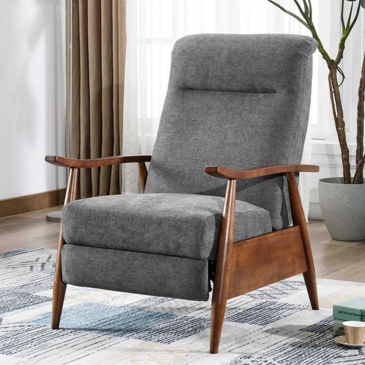 Recliner Chair Charcoal Gray Flared Arms Tapered Legs, Mid-Century Accent