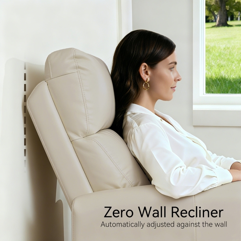Recliner Chair Cream Leather-Like Zero Wall Hugger with Overstuffed Back