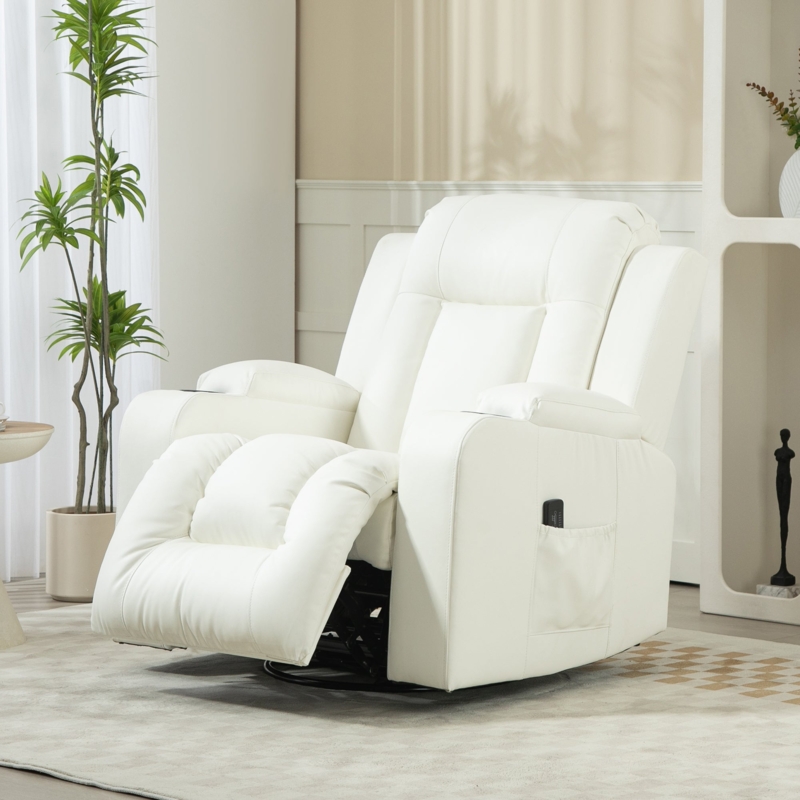 Recliner Chair Cream White Swivel Base Overstuffed Cushions Side Pocket