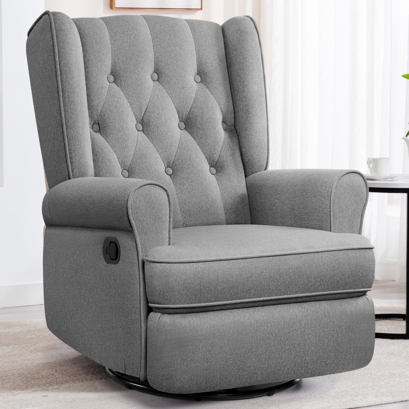 Recliner Chair Featuring Button Tufted Back and Gray Wingback Silhouette.