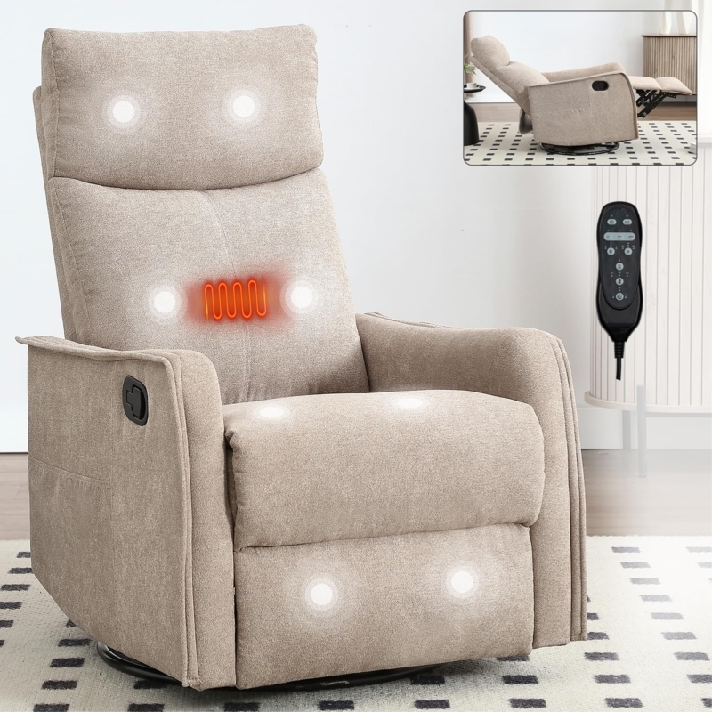 Recliner Chair Khaki 360-Degree Swivel Massage Heat Function Fabric