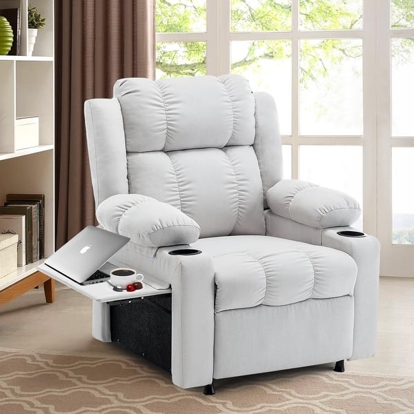 Recliner Chair Light Gray Swivel Tray Table Channel Tufting Cup Holders