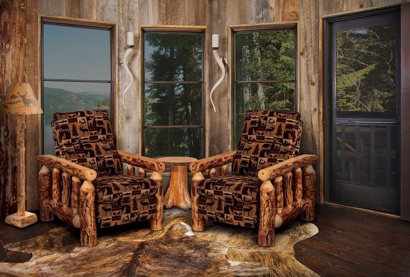 Recliner Chair Rustic Log Frame Wildlife Pattern Cabin Aesthetic