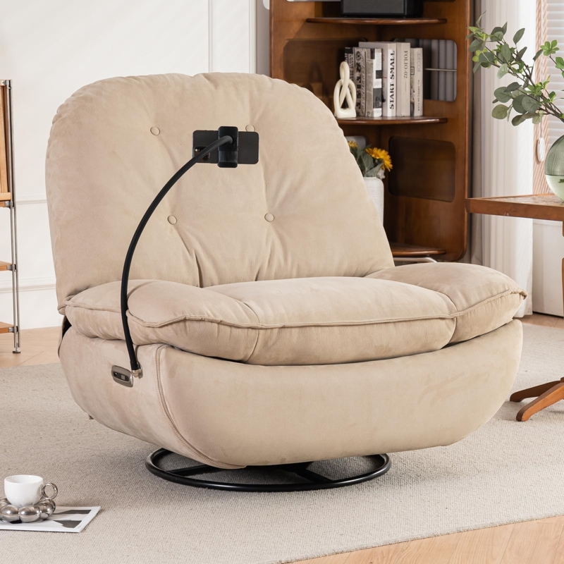 Recliner Chair with Integrated Phone Holder, Plush Oversized Swivel Seat.
