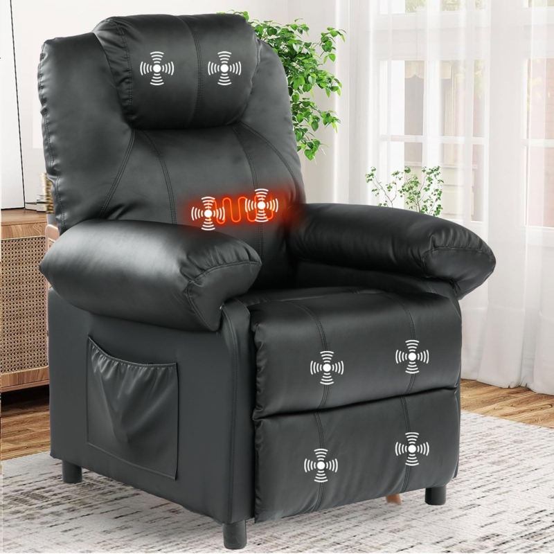 Recliner Chair with Massage Zones, Overstuffed Black Leather-Like