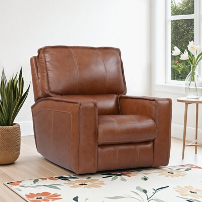 Recliner Cognac Leather-Like Wide Track Arms, Modern Power Lounge Chair