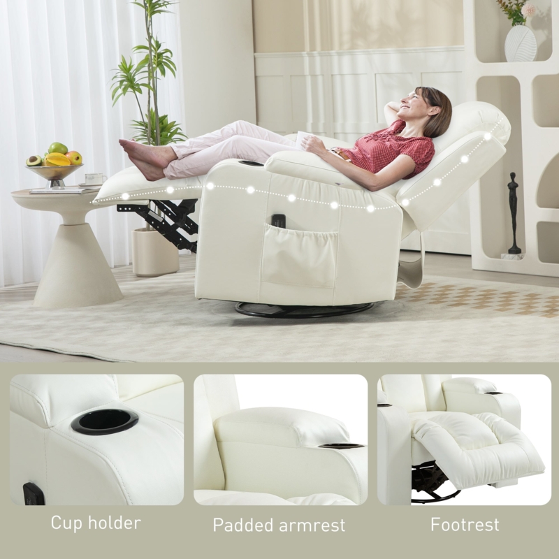 Recliner Cream Overstuffed Silhouette Integrated Cup Holder Leather-Like