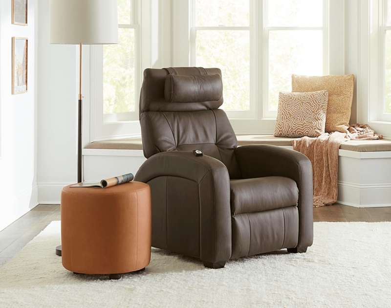 Recliner Dark Brown Leather Power with Adjustable Headrest Pillow