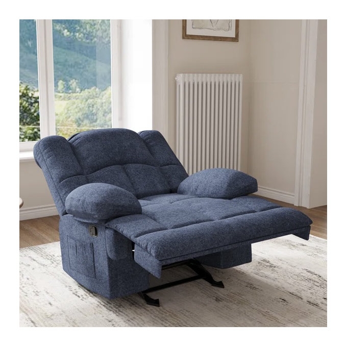 Recliner Denim Blue Wide Seat Integrated Side Pocket, Plush Manual Chair