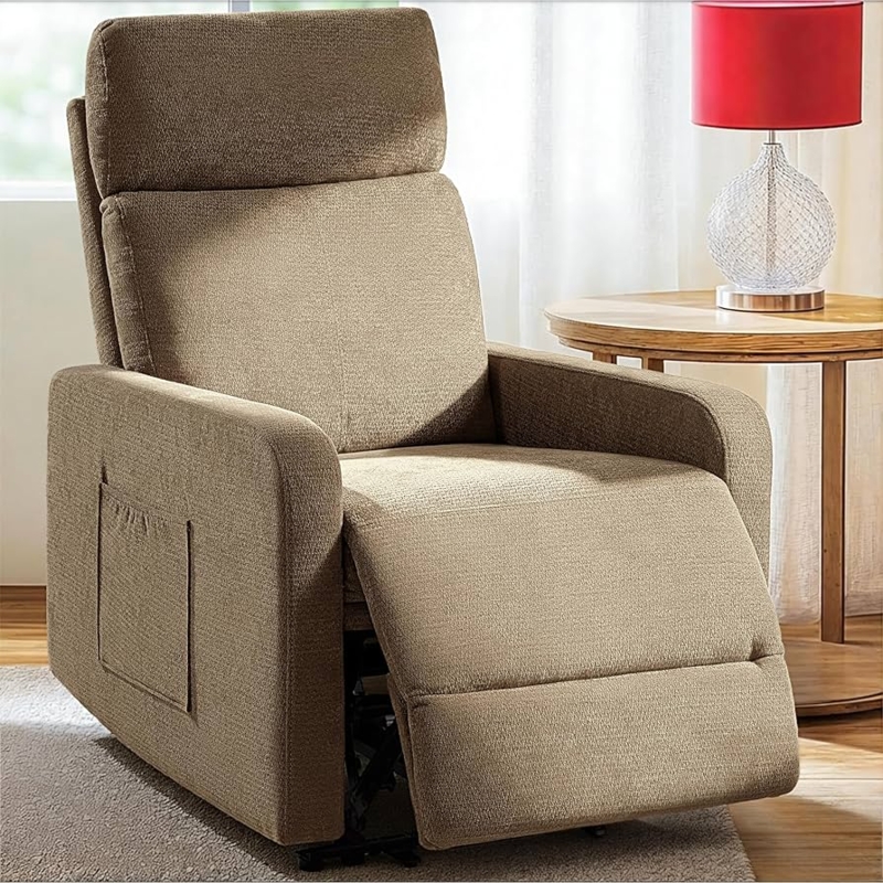 Recliner in Brown Chenille Texture with Side Pocket for Living Room