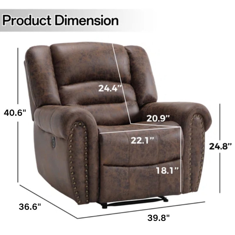 Recliner in Distressed Brown Faux Leather with Nailhead Trim Details