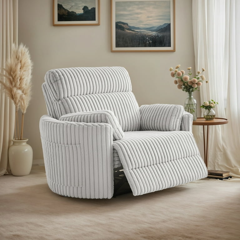 Recliner: Light Gray Wide Corduroy-look Ribbed Power Chair