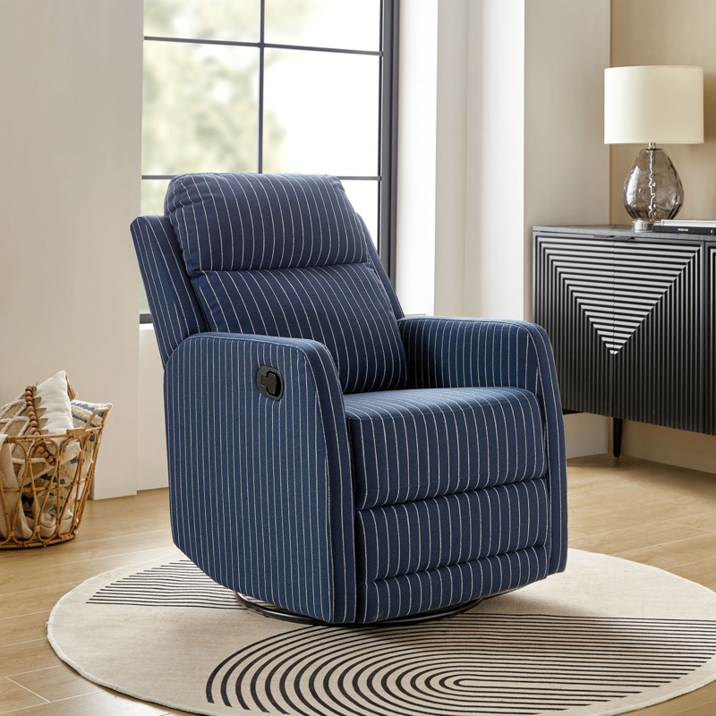 Recliner Navy Pinstripe Swivel Rocker Circular Base, Modern Coastal Style