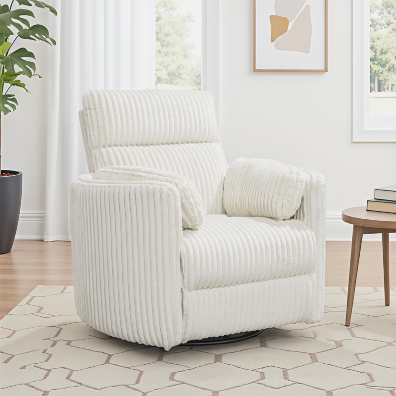 Recliner Off-White Vertical Ribbed Texture Swivel Glider, Power Armchair