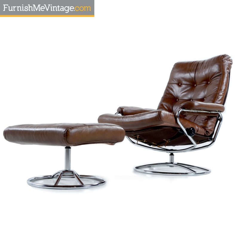 Recliner Set Scandinavian Brown Curved Chrome Pedestal Base