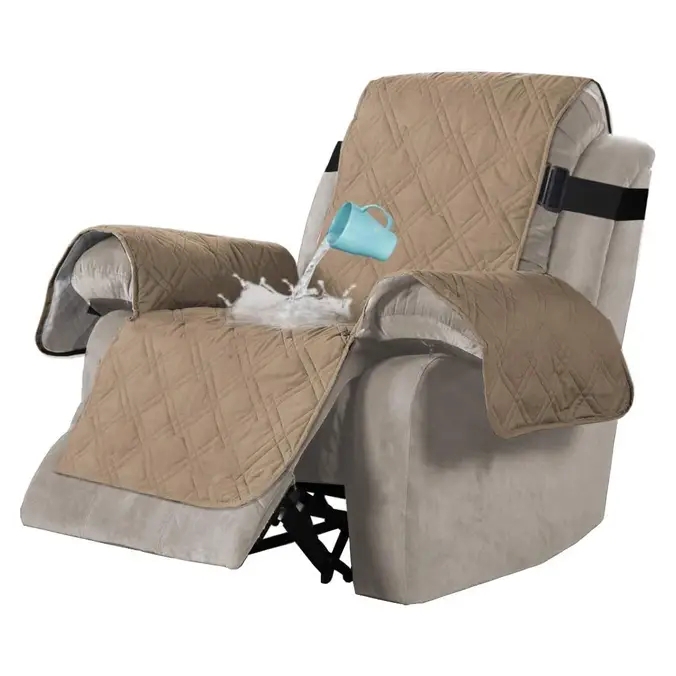 Recliner Slipcover, Tan Waterproof Diamond Quilted with Adjustable Strap