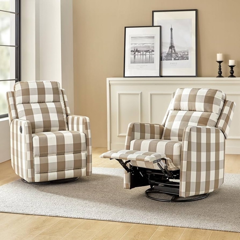 Recliner with Buffalo Check Pattern and Swivel Rocker Mechanism