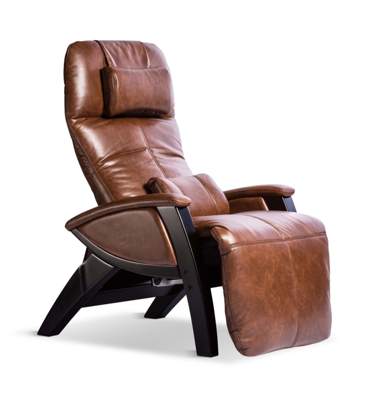 Recliner with Curved Frame, Headrest Pillow & Cognac Leather-Like Finish