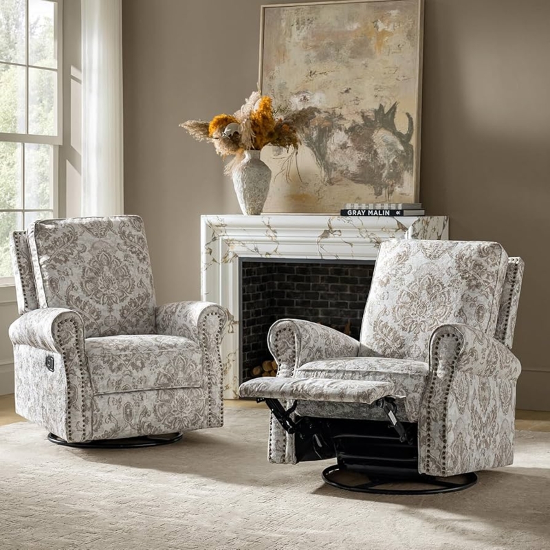 Recliner with Damask Print Upholstery and Nailhead Accents